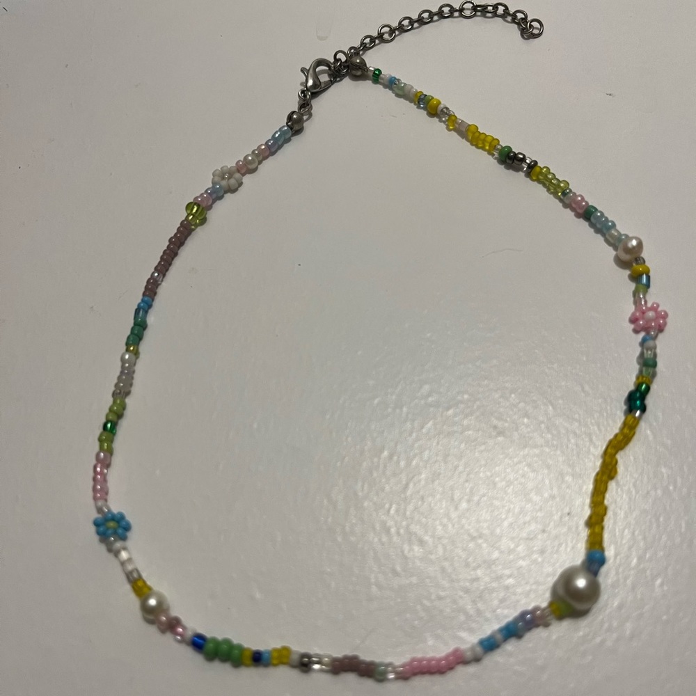 Adjustable Rainbow Beaded necklace with 3 pearls.